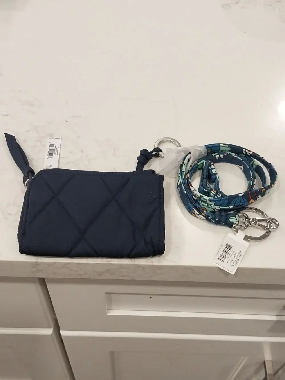 Vera Bradley Navy Quilted Key & Card Holder with Blue Floral Strap